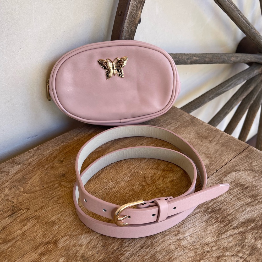 BELT & BELT BAG Very Cute Pink Vegan Leather Rose Gold Butterfly & Buckle XL NEW